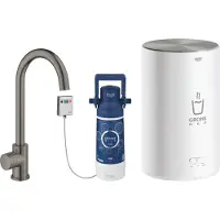 GROHE Red Mono Standventil Set, Ausladung 153mm, C-Auslauf, mit Red Boiler Größe M, 30085AL1, Farbe: Hard graphite gebürstet