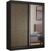 MargaretHadas24 Kleiderschrank Dora mit Lamellen und Spiegel 100 cm inklusive 2 Schiebetüren Schwebetürenschrank (Farbe: schwarz, schwarz, Lamelle artisan)