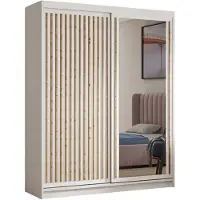 MargaretHadas24 Kleiderschrank Dora mit Lamellen und Spiegel 160 cm inklusive 2 Schiebetüren Schwebetürenschrank (Farbe: weiß, weiß, Lamelle artisan)