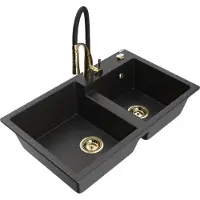 Mexen Tomas 2-Becken-Granitspüle mit Mischbatterie Aster, Schwarz/Silbermetallic - 6516-73-73450-57-G