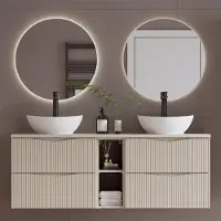 Lomadox Badmöbel-Set 3-teilig mit 140 cm Doppelwaschtisch & 2 LED-Spiegeln in beige mit gerillter Front - CALURI-140