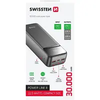 Swissten , Externer Akku 30000mAh mit USB-C und 2 USB LED-Anzeige Kompakt, Schwarz