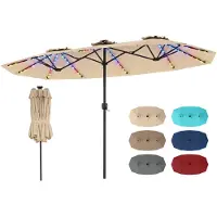 Costway Doppelsonnenschirm 375x200cm, Gartenschirm mit LED-Solar-Beleuchtung, 12 Beleuchtungsmodi, 2 Lademöglichkeiten & Kurbel, Terrassenschirm Beige