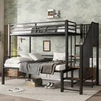 OEM Kinderbett, Hoekladderkast, IJzer+MDF, Schwarz+vintage Holz, 90x200cm+120x200cm