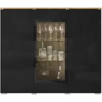 Mirjan 24 Türkommode Vera 120, Stilvoll Wohnzimmer, Kommode mit drei Drehtüren (Farbe: Wotan Eiche / Schwarz Hochglanz, ohne Beleuchtung)