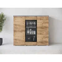 Mirjan 24 Türkommode Vera 120, Stilvoll Wohnzimmer, Kommode mit drei Drehtüren (Farbe: Matera / Kastanien Breslau, mit weißer LED Beleuchtung)