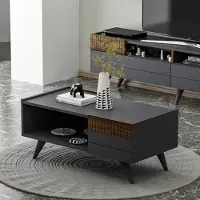 Homidea Moon Couchtisch Wohnzimmertisch Beistelltisch mit 4 Beinen Modernes Design (Anthrazit/Nussbaum)
