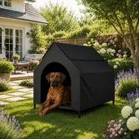 Belviona Hundeliege mit Dach, erhöhtes Hundebett für Garten, Terrasse und Balkon, wasserabweisend & belastbar bis 80 kg, 130x85x113 cm, schwarz