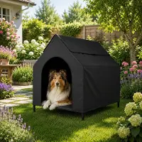 Belviona Hundeliege mit Dach, erhöhtes Hundebett für Garten, Terrasse und Balkon, wasserabweisend & belastbar bis 60 kg, 110x75x105 cm, schwarz