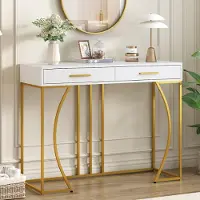 Sweiko Konsolentisch,Flurtisch mit 2 Schublade ,Leichter Luxus-Stil Beistelltisch, Sofatisch ,120x38x76 cm,Weiß/Gold