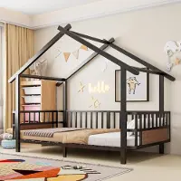 STILVORA Kinderbett 90x200 cm mit Matratze Bettgestell in Hausform mit Dachdesign, Metallbett mit Sicherheitsgitter, Jugendbett mit dekorativem Rahmen Schwarz