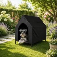 Belviona Hundeliege mit Dach, erhöhtes Hundebett für Garten, Terrasse und Balkon, wasserabweisend & belastbar bis 40 kg, 90x65x85 cm, schwarz