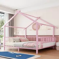 MODFU Kinderbett 140 x 200 mit Seitengitter,Hausbett mit offene Dachkonstruktion,Bettrahmen aus Metallrahmen,ohne Matratze,Rosa