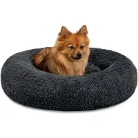 Lionto Donut Hundebett, rundes Hundesofa mit Plüschbezug & Anti-Rutsch-Noppen, weich & gemütlich, 60 cm Durchmesser, dunkelgrau