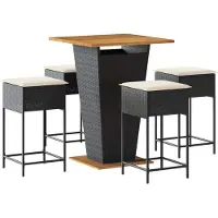 Syfax 5-tlg. Gartenbar-Set mit Kissen Schwarz Poly Rattan