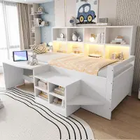STILVORA Kinderbett 90x200 cm mit Matratze Bettgestell mit Schreibtisch, Stauraum und Steckdosen, Einzelbett mit LED-Lichtleiste und Ablagefächern, Jugendbett Weiß,Massivholz