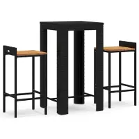 Syfax 3-tlg. Gartenbar-Set Schwarz Poly Rattan & Massivholz Akazie