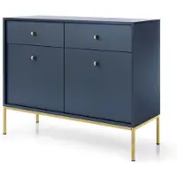 3Xeliving Kommode mit zwei Schubladen und zwei Türen, Marineblau, goldfarbene Griffe