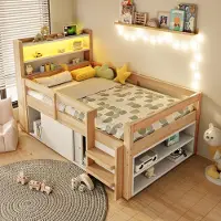 Merax Holzbett Kinderbett 90x200 cm mit LED Beleuchtung und Schiebetüren, Multifunktionsbett mit USB, Hochbett Einzelbett mit Staufächern, Natur