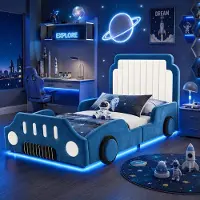Flieks Kinderbett 90x200cm mit Led, Polsterbett Einzelbett mit Rausfallschutz und Lattenrost, Kinderbett in Autoform Autobett, Samt, Blau