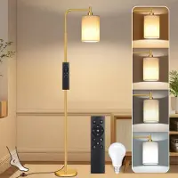 Lapalife Stehlampe Moderne Leinenschirm Stehleuchte E27 LED Dimmbar Glühbirne mit Fernbedienung und Fußschalter für Wohnzimmer Schlafzimmer Büro, Golden
