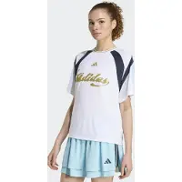 Adidas T-Shirt SPORTSWEAR "HOUSE OF TIRO TRIKOT", Damen, Gr. XL, weiß (weiß, hazy beige, night navy, icey blau), Obermaterial: 100% Polyester, Rundhals, Shirts T-Shirt