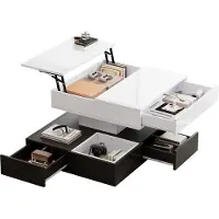 Youjia 70*70*40cm Couchtisch mit 360°drehbarer Tischplatte,Doppelschicht Wohnzimmertisch mit 3 Schubladen, anhebbarer Sofatisch,Beistelltisch mit Stauraum