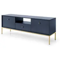 3Xeliving TV-Schrank mit einer Schublade und zwei Türen, Marineblau, goldfarbene Griffe
