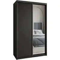 Masseno Schiebetürenschrank TAVI 120/205/60 cm Kleiderschrank mit Schubladen Schlafzimmer Schrank 2-türig mit Spiegel Schwarz + Schwarz