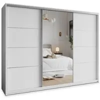 Masseno Schiebetürenschrank VARO 250/205/60 cm Kleiderschrank mit 4 Schubladen Schlafzimmer Schrank 3-türig mit Spiegel Weiß