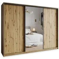 Masseno Schiebetürenschrank TAVI 270/205/60 cm Kleiderschrank mit Schubladen Schlafzimmer Schrank 3-türig mit Spiegel Eiche Artisan + Schwarz