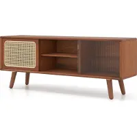 Costway TV Schrank, TV Lowboard, Fernsehtisch mit Rattan- & Glasschiebetür, Einlegeboden für TVs bis 55 Zoll, 120,5 x 31 x 45,5 cm, Braun
