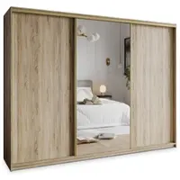 Masseno Schiebetürenschrank TAVI 270/205/60 cm Kleiderschrank mit Schubladen Schlafzimmer Schrank 3-türig mit Spiegel Sonoma Eiche + Gold