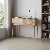 OKWISH Schreibtisch mit zwei Schubladen, Computertisch Metall-Türgriffen,Sideboard Holzbeine, Eiche