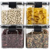 Krumble Vorratsdosen mit Deckel 4 Stück - Vorratsdosen - Lebensmittelkonservierung - Zuckerdose - Kunststoff - Fassungsvermögen 700 ml - 10 x 10 x 9,5 cm (lxbxh) - Transparent und schwarz