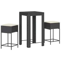 Syfax 3-tlg. Gartenbar-Set mit Kissen Schwarz Poly Rattan