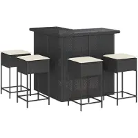Syfax 5-tlg. Gartenbar-Set mit Kissen Schwarz Poly Rattan