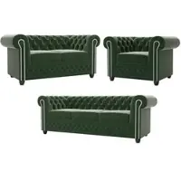 S-Style Möbel Nox - Chesterfield Polstergarnitur mit Schlaffunktion 3+2+1 aus Flasche grün Samt-Stoff mit Holzfüßen,B/T/H: 3er - 203 cm/ 86 cm / 72 cm