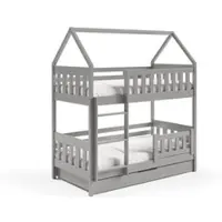 Masseno Etagenbett ELENA 80x160 cm mit Schublade, Rausfallschutz, Kinderbett mit Leiter für Mädchen und Jungs, Stockbett 2 Kinder, Hausbett für Kinder, Holz, Hellgrau