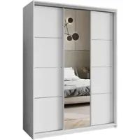 Masseno Schiebetürenschrank VARO 150/205/60 cm Kleiderschrank mit Schubladen Schlafzimmer Schrank 3-türig mit Spiegel Weiß + Satin
