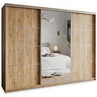 Masseno Schiebetürenschrank VARO 270/205/60 cm Kleiderschrank mit Schubladen Schlafzimmer Schrank 3-türig mit Spiegel Craft Eiche Goldfarben + Satin