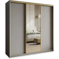Masseno Schiebetürenschrank TAVI 180/205/60 cm Kleiderschrank mit 4 Schubladen Schlafzimmer Schrank 3-türig mit Spiegel Graphitfarben