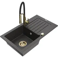 Mexen Pablo 1 Becken-Granitspüle mit Abtropffläche und Mischbatterie Aster, Schwarz gesprenkelt - 6510-76-73450-57-G