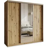 Masseno Schiebetürenschrank TAVI 200/205/60 cm Kleiderschrank mit Schubladen Schlafzimmer Schrank 3-türig mit Spiegel Eiche Artisan + Satin