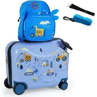 Costway 2tlg Kinderkoffer + Rucksack, 12"+18" Kindertrolley mit Rollen, Hartschale, Tragegurt, Seil & Fußstützen, Kindergepäck, Rollkoffer, Bagger