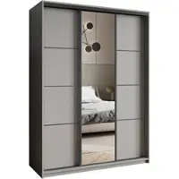 Masseno Schiebetürenschrank VARO 150/205/60 cm Kleiderschrank mit Schubladen Schlafzimmer Schrank 3-türig mit Spiegel Graphitfarben + Schwarz