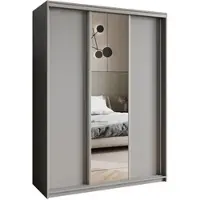 Masseno Schiebetürenschrank TAVI 150/205/60 cm Kleiderschrank mit Schubladen Schlafzimmer Schrank 3-türig mit Spiegel Graphitfarben + Satin
