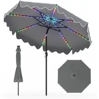 Costway Sonnenschirm 270cm mit bunter LEDs, 12 Beleuchtungsmodi, Gartenschirm beidseitig um 30° knickbar, Terrassenschirm mit Kurbel & Volant Grau