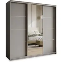 Masseno Schiebetürenschrank VARO 200/205/60 cm Kleiderschrank mit Schubladen Schlafzimmer Schrank 3-türig mit Spiegel Graphitfarben + Satin