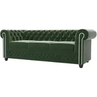 S-Style Möbel - Nox - Chesterfield 3 sitzer Sofa mit Schlaffunktion aus Flasche grün Samt-Stoff mit Holzfüßen, B/T/H: 203 cm / 86 cm / 72 cm
